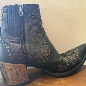 Double D Ranch Black Floral Embossed Western Ankle Boots with Metallic Heel